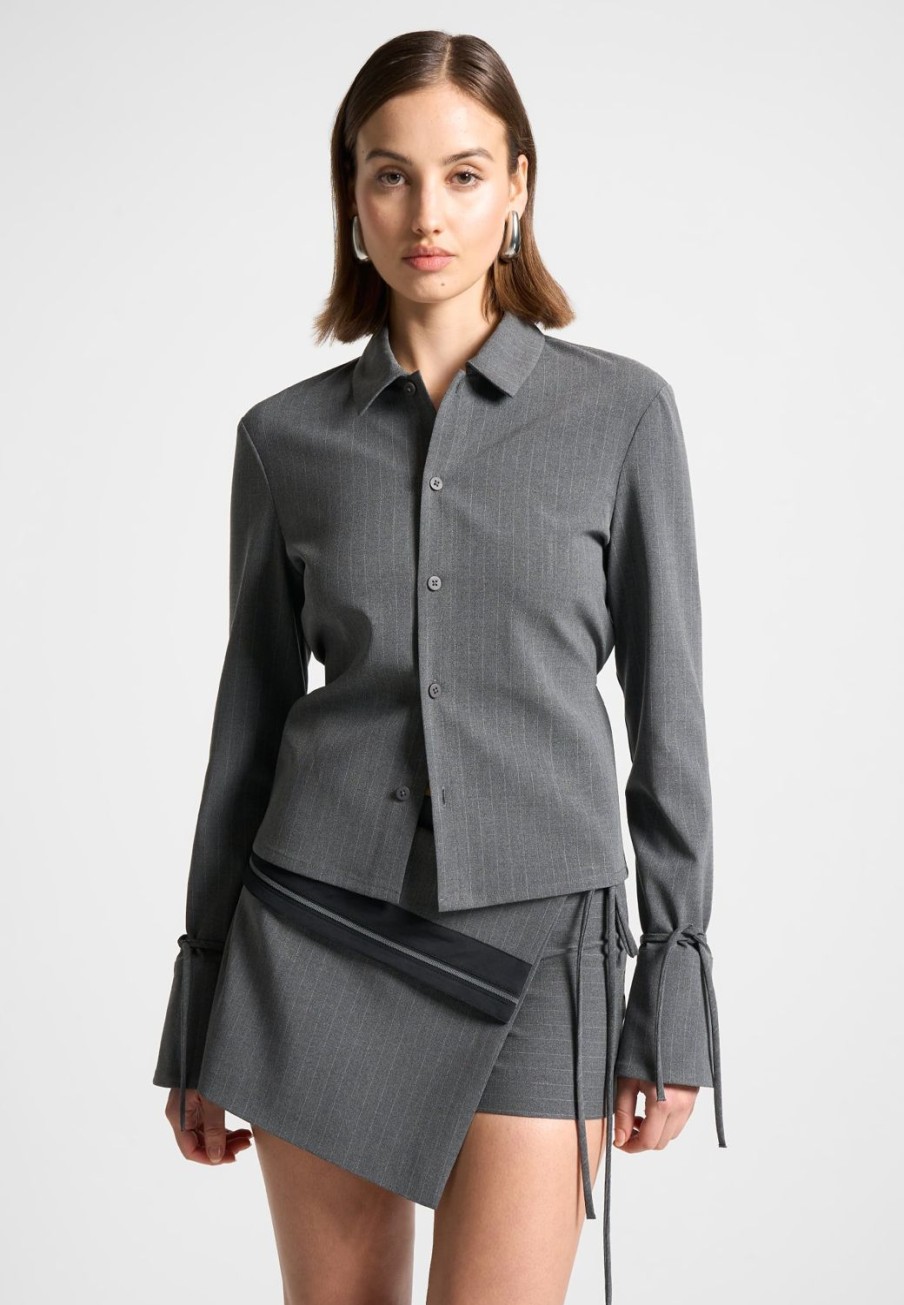 Maniere De Voir Pinstripe Cinch Tailored Shirt With Ties | Matching Sets