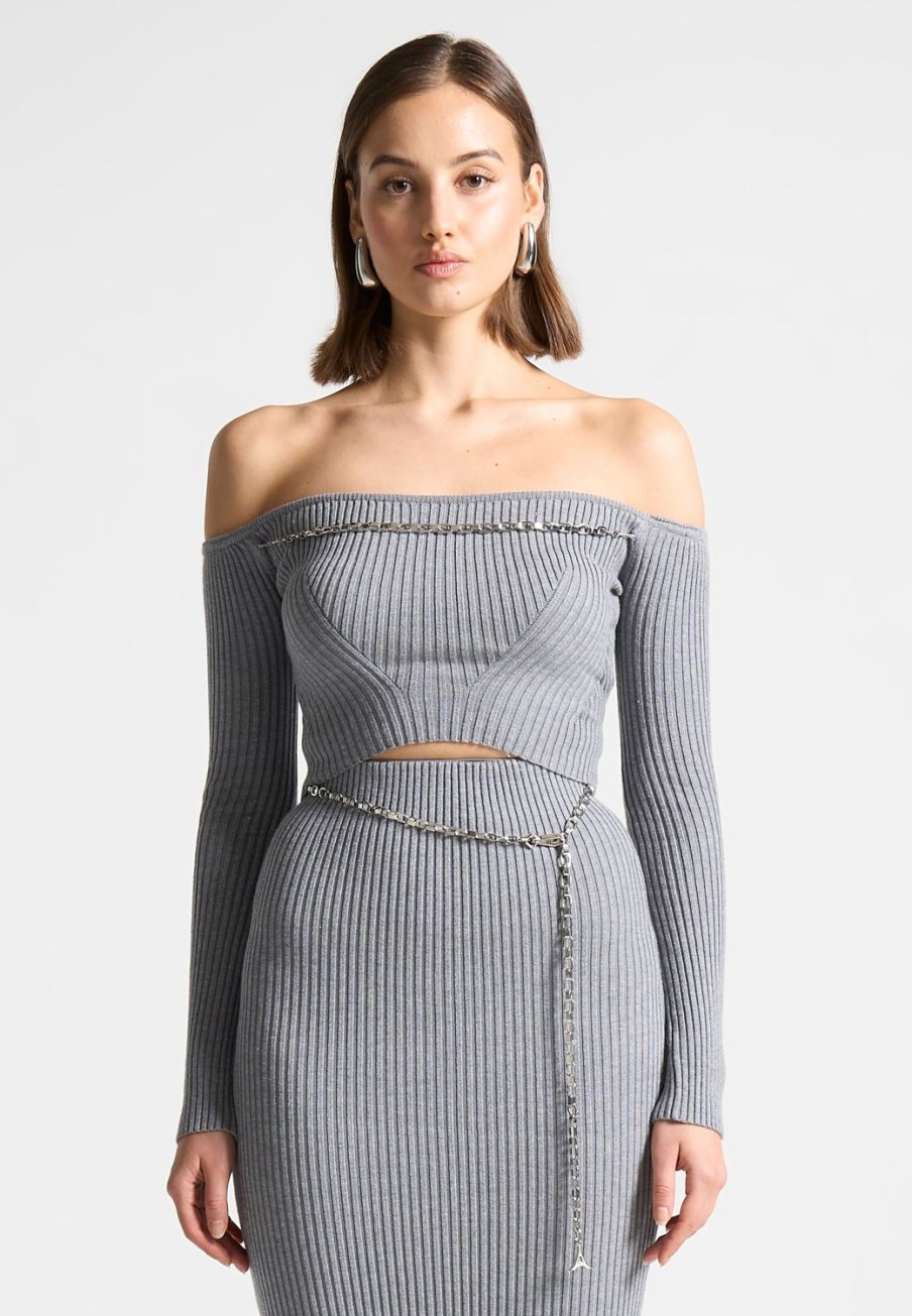 Maniere De Voir Ribbed Knit Bardot Crop Top With Chain | Knitwear