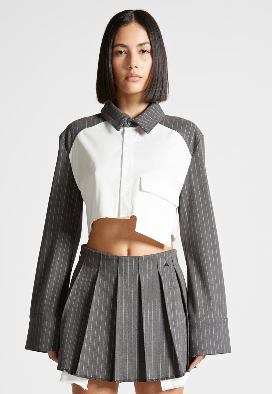 Maniere De Voir Pinstripe Contrast Cropped Shirt - Grey | Shirts