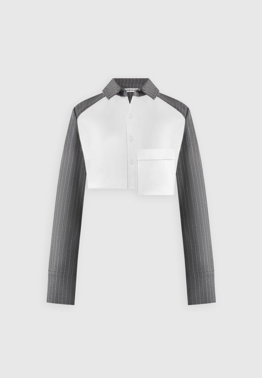 Maniere De Voir Pinstripe Contrast Cropped Shirt - Grey | Shirts