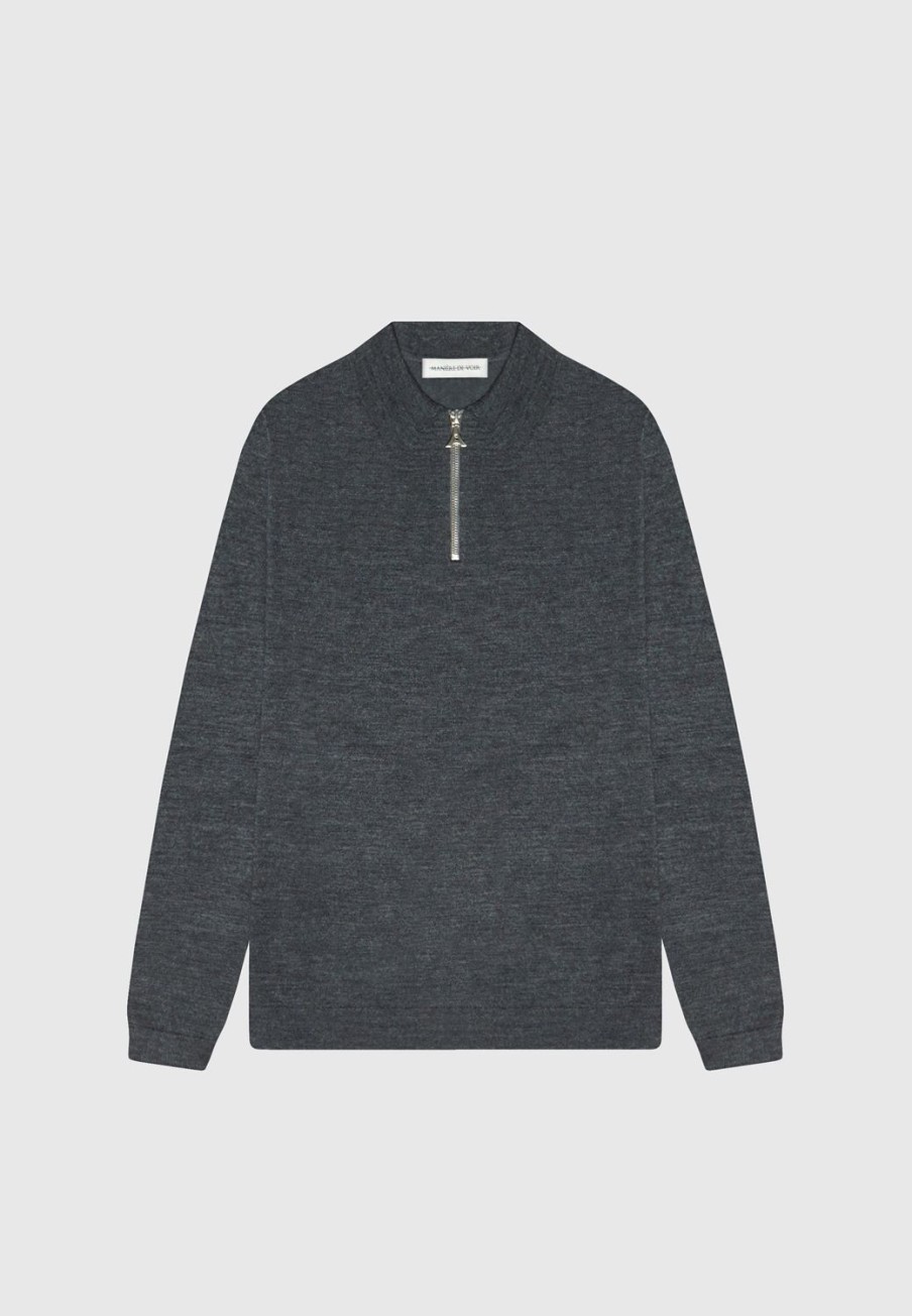 Maniere De Voir Merino Wool Long Sleeve Polo Top With Zip | Polo Tops