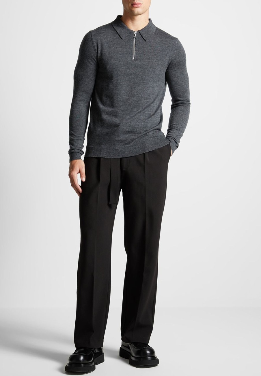 Maniere De Voir Merino Wool Long Sleeve Polo Top With Zip | Polo Tops