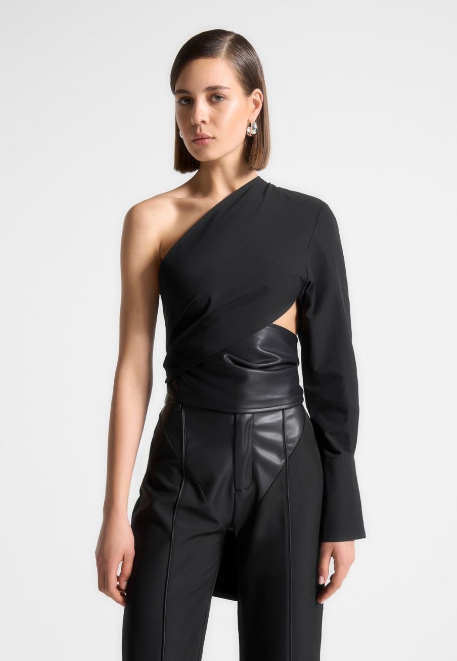 Maniere De Voir One Sleeve Vegan Leather Wrap Top | Tops & T Shirts