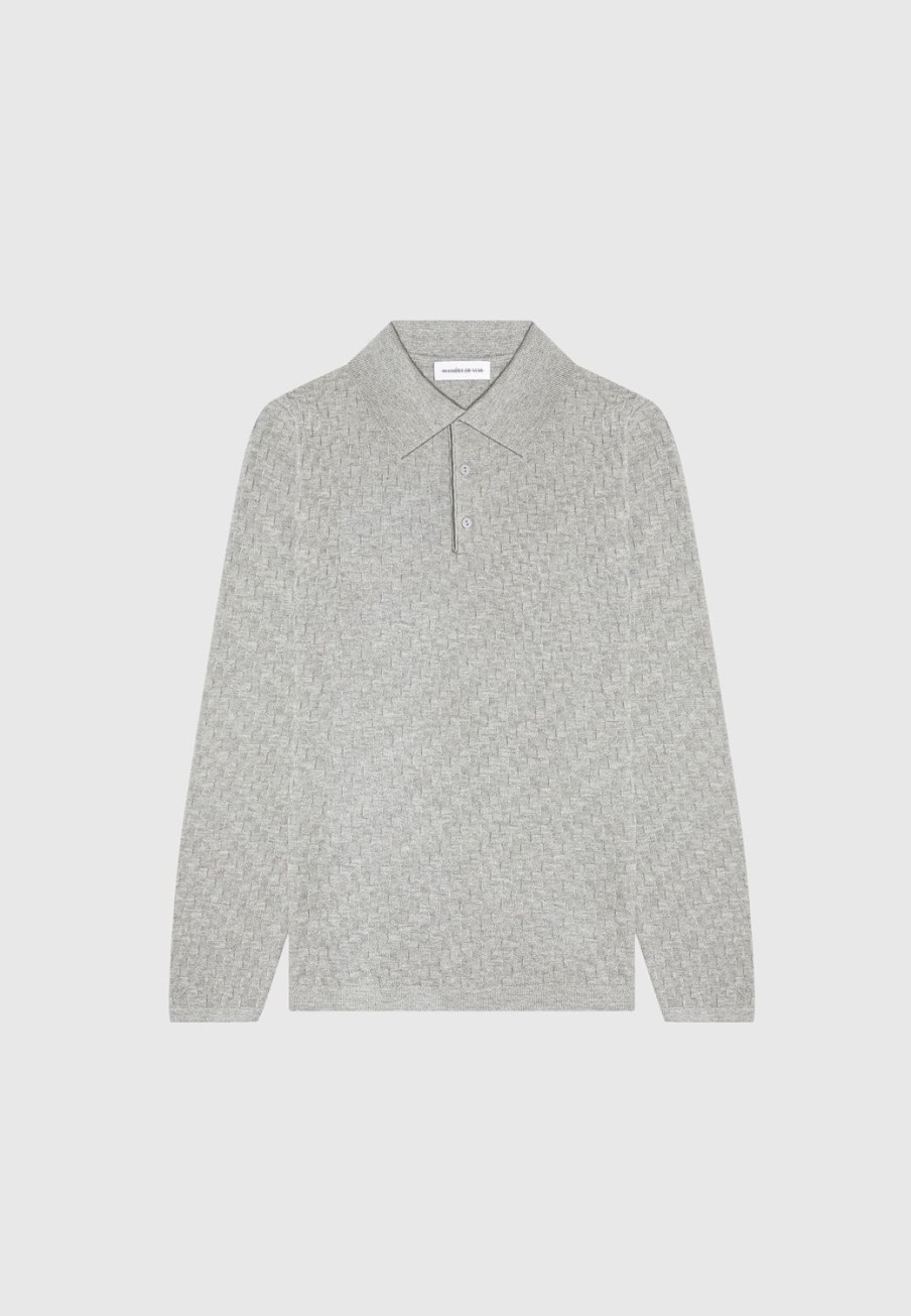 Maniere De Voir Cotton Blend Waffle Knit Long Sleeve Polo Top | Polo Tops