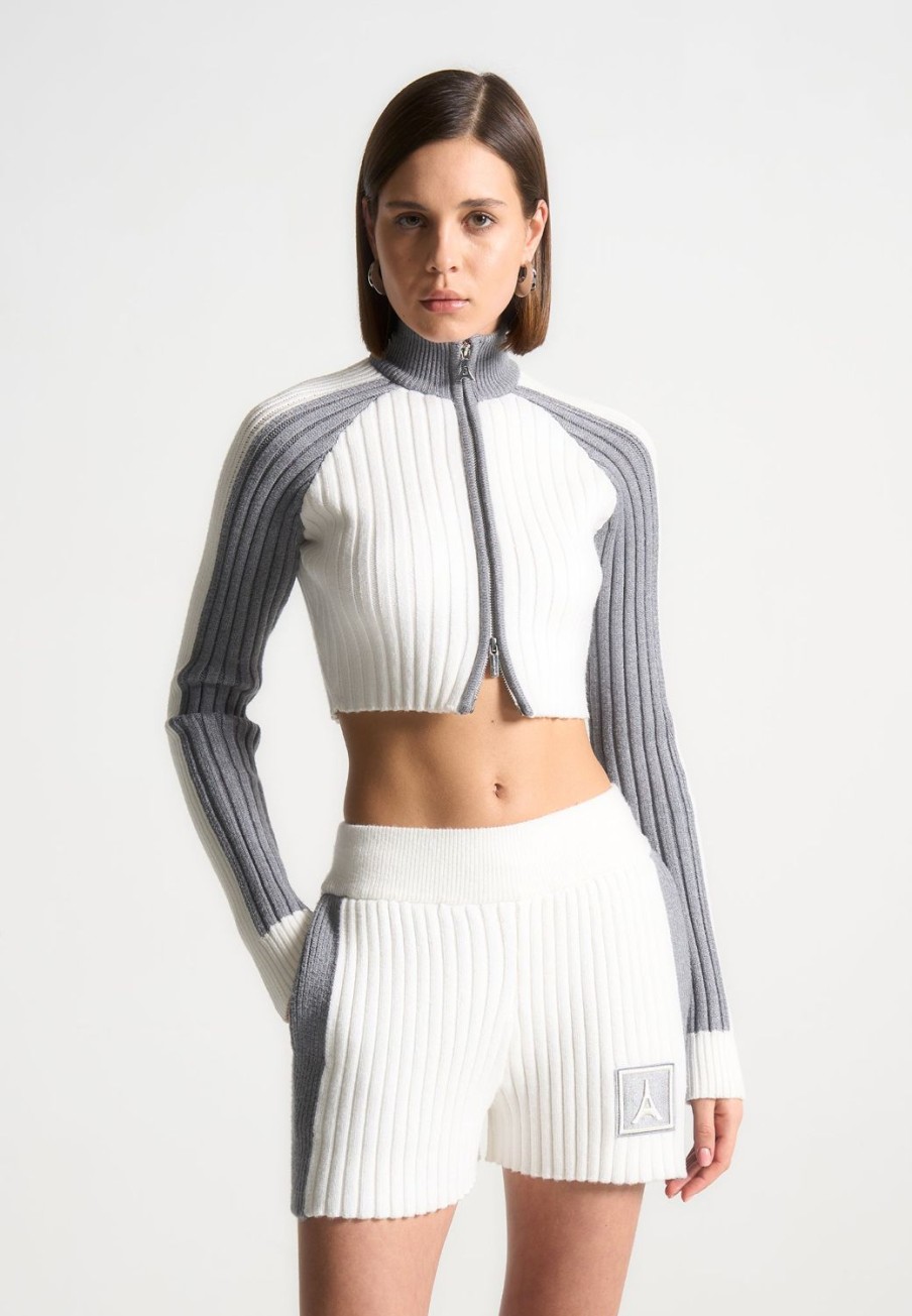 Maniere De Voir Rib Knit Track Jacket - Off White/Grey | Knitwear