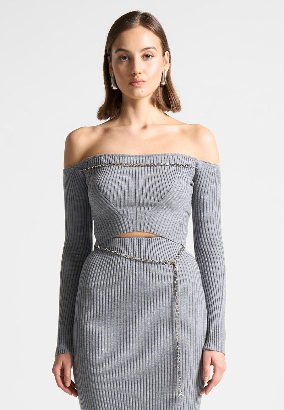 Maniere De Voir Ribbed Knit Bardot Crop Top With Chain | Matching Sets